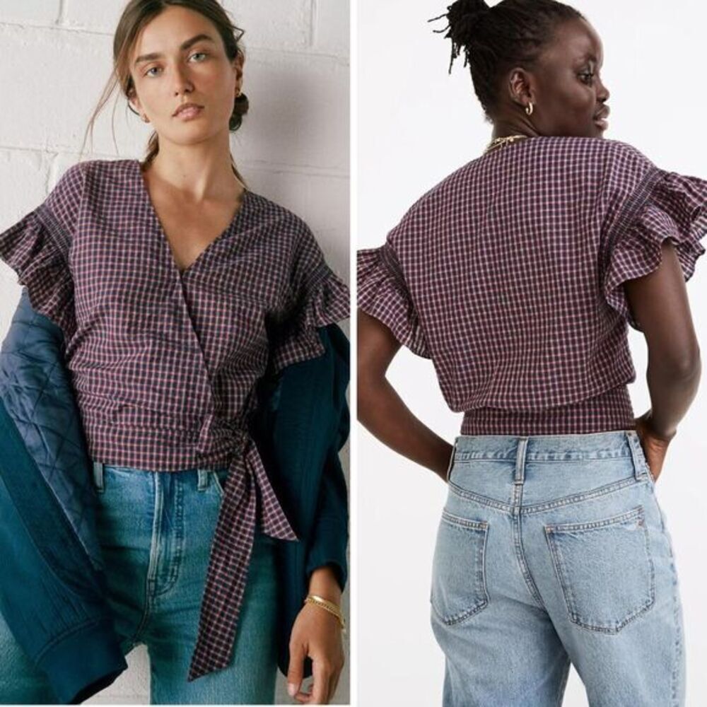 NEW Madewell Flutter-Sleeve Side-Tie Wrap Top in Plaid, S